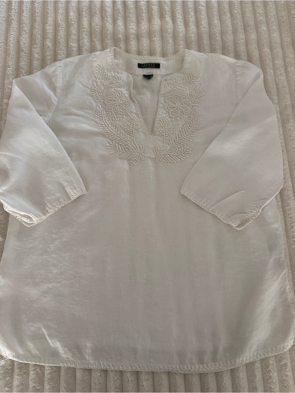 LAUREN Ralph Lauren Plus Size Cream Embroidered V-Notch Linen Tunic w 3/4 Sleeve - Picture 4 of 9